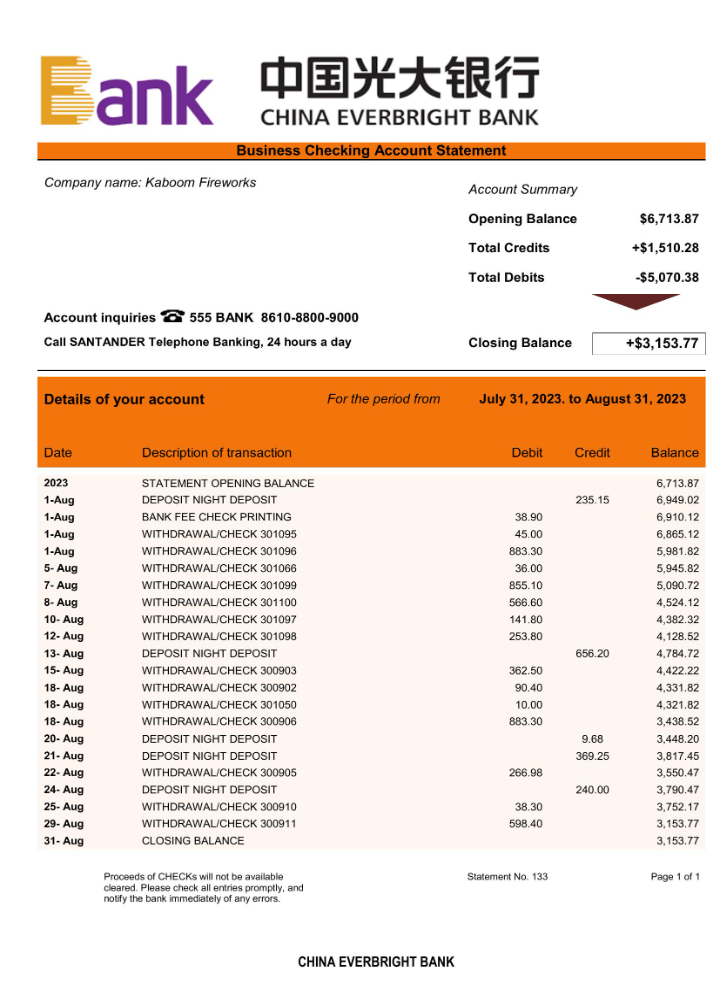Modèle Word et PDF de relevé de compte de la China Everbright Bank